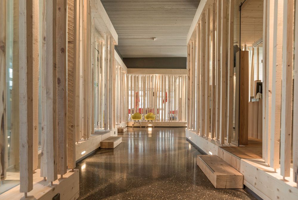 Ein langer Flur mit glänzendem Boden, umrahmt von beidseitigen Holzlattungen, führt zu einem hellen Bereich mit zwei gelben Stühlen.