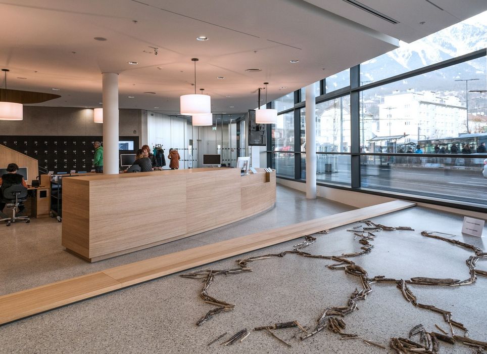 Ein heller, moderner Empfangsbereich mit einem geschwungenen Tresen aus hellem Holz und einer bodentiefen Glasfront mit Ausblick auf die Berge. Auf dem Boden im Vordergrund liegt eine künstlerische Bodeninstallation aus Treibholz.