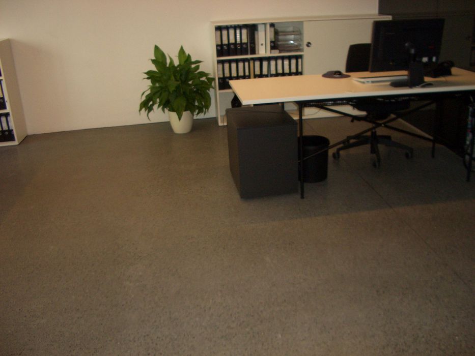 Ein minimalistisch eingerichteter Büroraum mit einem weißen Schreibtisch, Bürostuhl, Aktenschränken und einer großen Zimmerpflanze auf einem grauen Boden.