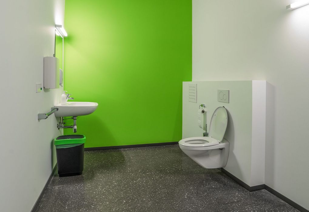 Ein barrierefreies Badezimmer mit einer grünen Akzentwand, einem Waschbecken mit Handlauf und einer wandhängenden Toilette.
