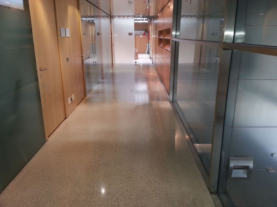 Ein langer, heller Büroflur mit hellen Holztüren auf der linken Seite und einer großen Glasfront auf der rechten Seite, der auf einen hell beleuchteten Raum am Ende des Ganges zuläuft.